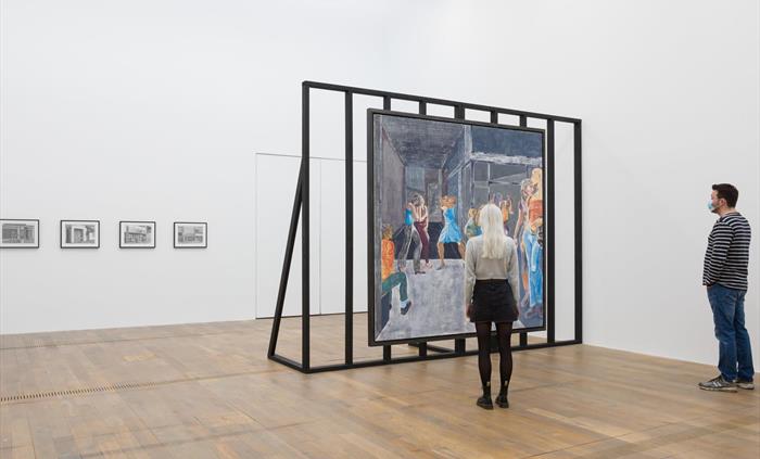 Image of visitors in the gallery looking at Hannah Quinlan and Rosie Hastings' Exhibition in My Room.